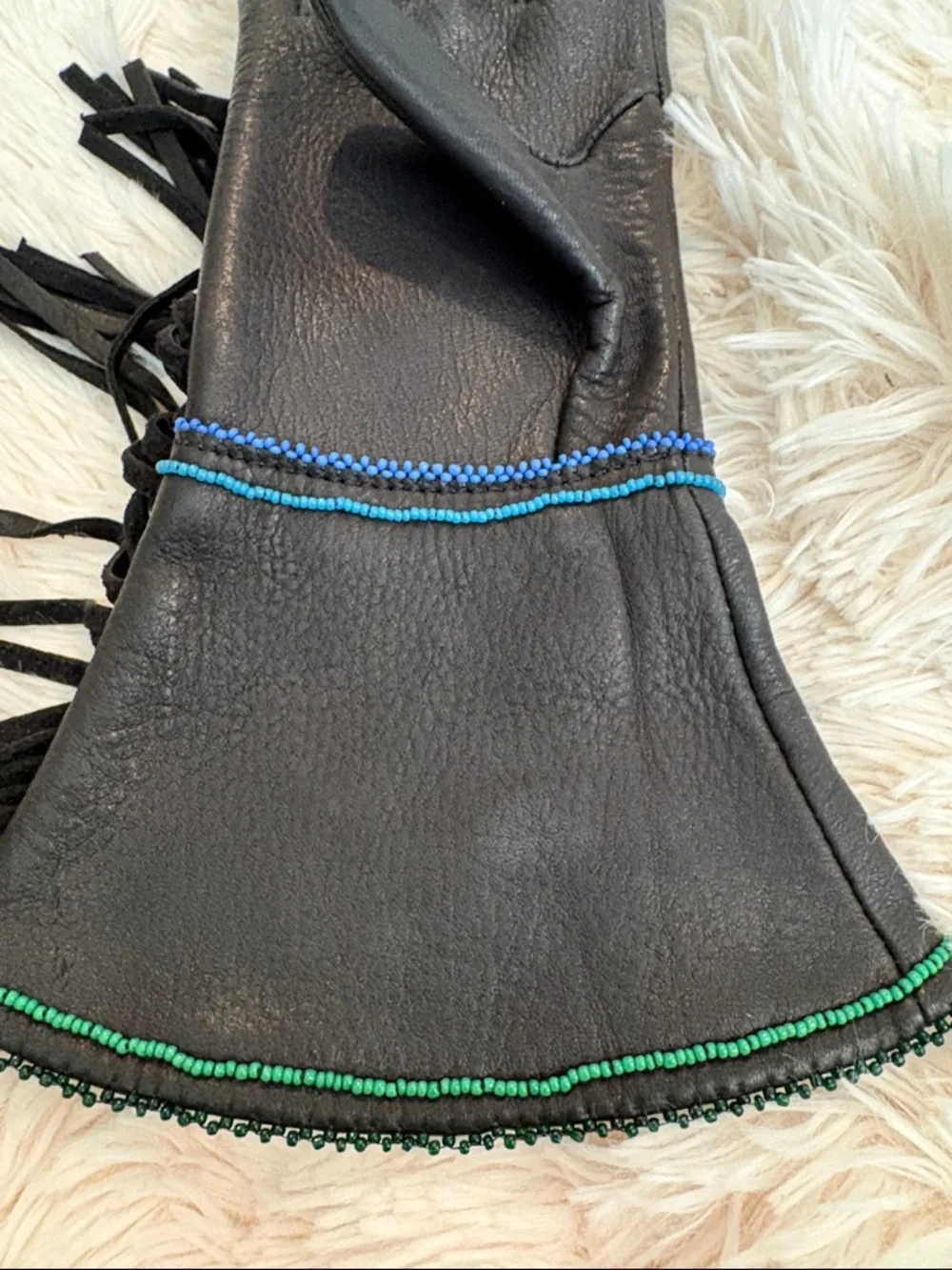 Fringed Black Leather Gloves with hand beaded Detail. Never worn.